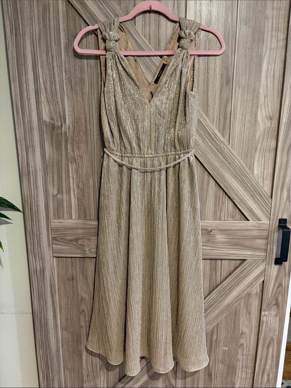 Tahari Shimmery Gold Knotted-Strap Midi Dress